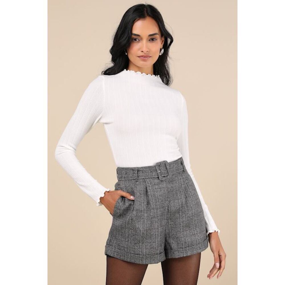 Lulus Charmed Vibes Ivory Ribbed Lettuce Edge Long Sleeve Top White - Size M